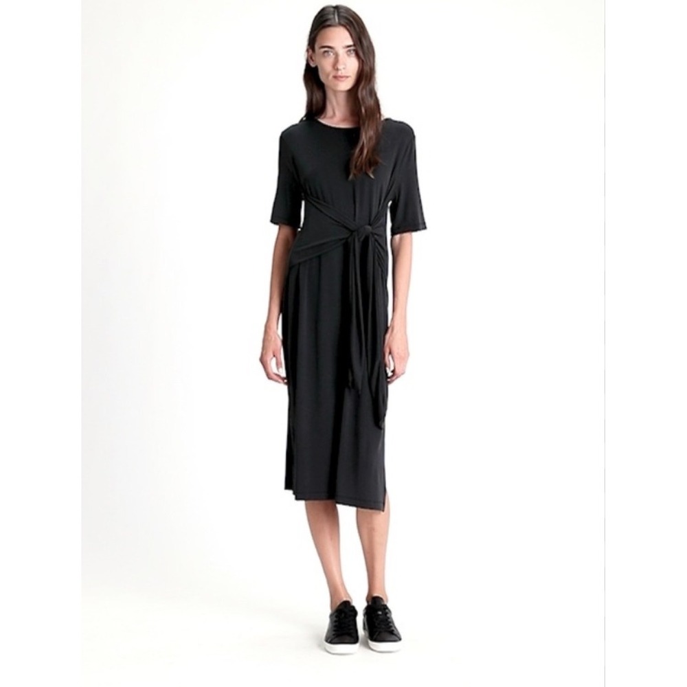 Banana Republic Sandwash Modal Twist-Front Dress Women Small Black Midi Comfort